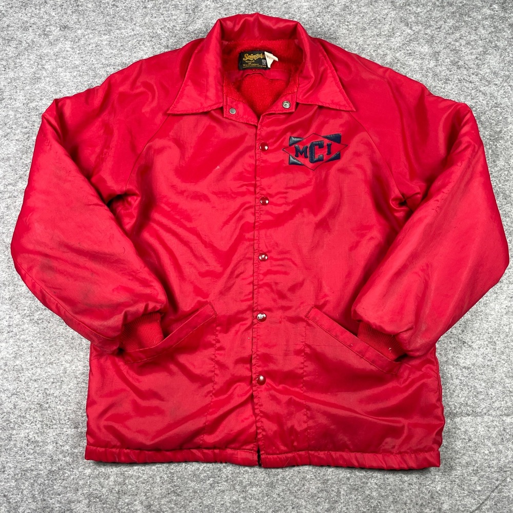 Vintage 70s Swingster Jacket Mens M Red MCI Snap Front Fleece Lined Windbreaker